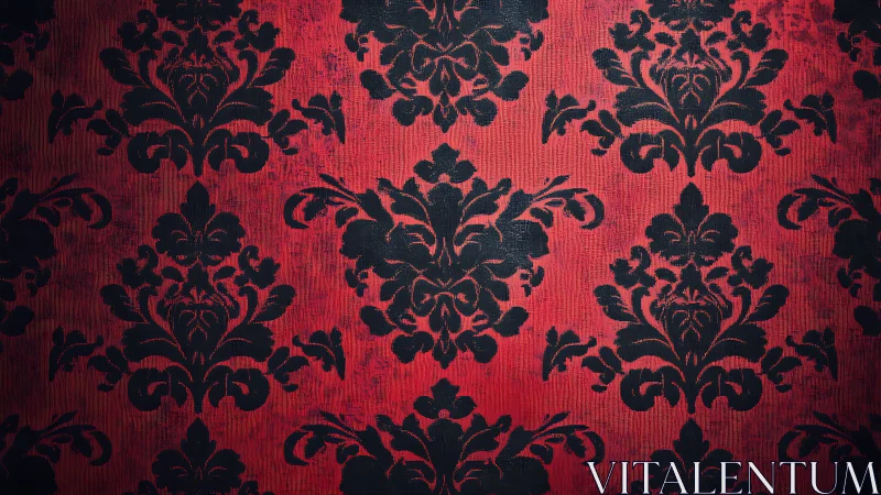 Baroque damask tessellation on distressed crimson substrate.