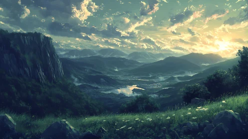 Sunlit mountain valley landscape overlooks distant river basin