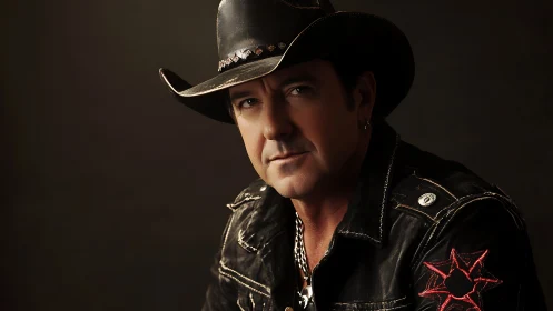 Studio portrait of middle‑aged cowboy in leather jacket and hat