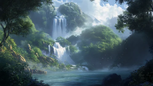 Layered forest waterfalls descending into misted basin.