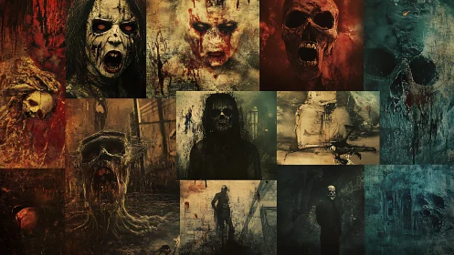 Disturbing collage of decayed skulls and haunted figures.