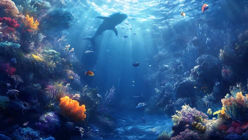 Vibrant digital seascape with shark above coral reef.