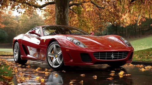 Crimson sports car gliding through golden autumn calm.
