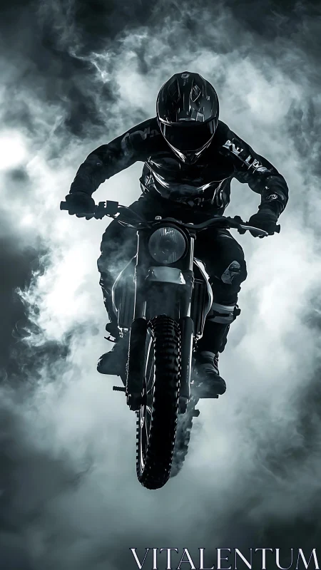 Daring motorcyclist soars through moody clouds of drifting smoke