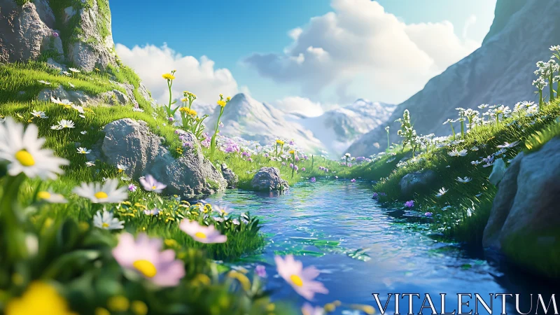 Highly saturated 3D alpine stream with detailed floral foreground depth