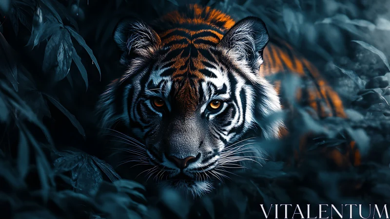 Tiger face is centered in dense foliage with controlled lighting