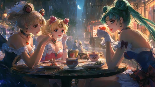 Moonlit anime heroines share tea in a glowing city night.