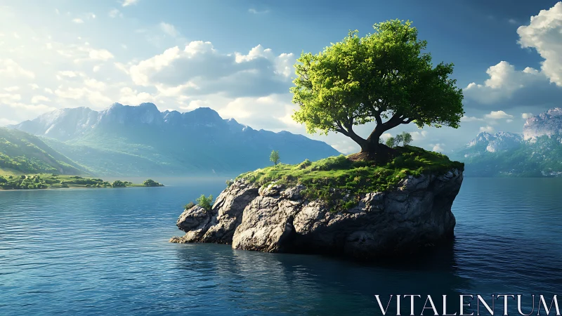 Solitary Oak on Cliff Island: Alpine Lake Landscape.