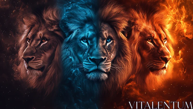 Four Lion Heads Rendered in Elemental Fire and Ice.