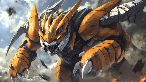 Armored dragon mecha lunging through cloudy battlefield.