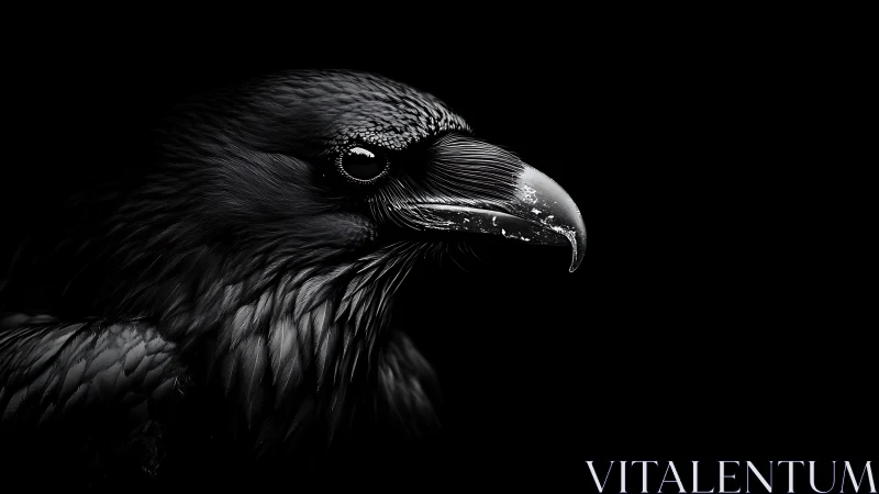 Dramatic black and white raven portrait in high contrast style.
