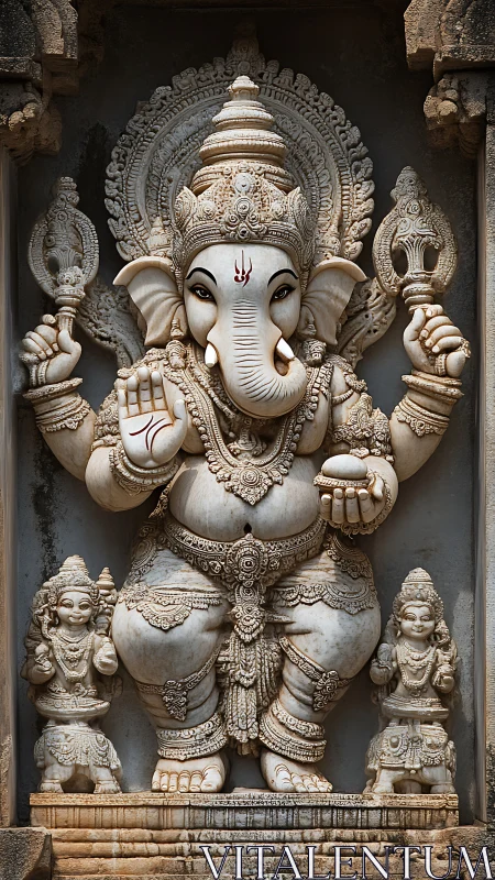Granite relief of Ganesha with ornate iconographic detailing.