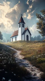 Sunlit country chapel stands serene beneath dramatic skies