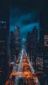 Night city street with tall skyscrapers and traffic glow.