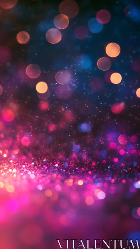 Neon bokeh lights drift over glittering magenta surface.