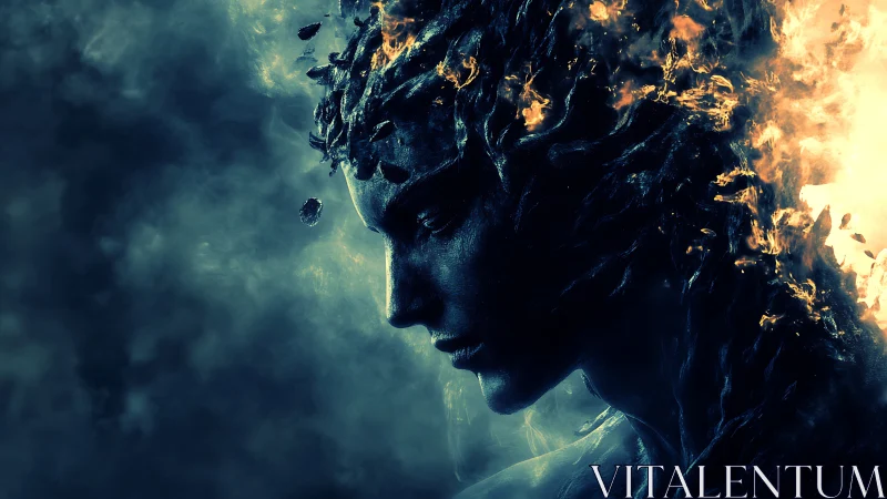 Burning elemental portrait with dark ethereal profile.