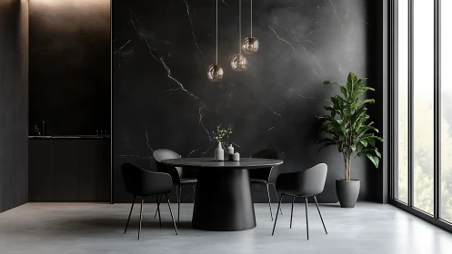 Monochrome dining area with black marble wall and glazing.