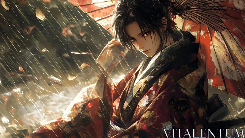 Samurai youth in crimson kimono beneath rainlit umbrella.