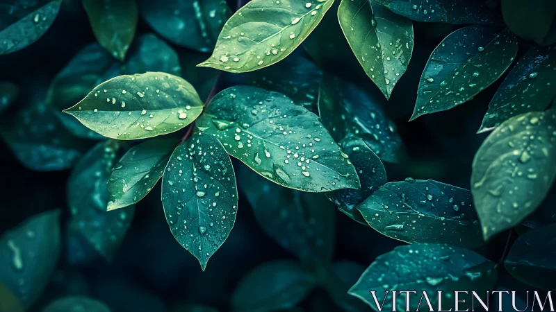 Macro botanical study of rain-kissed foliage in cool tones.