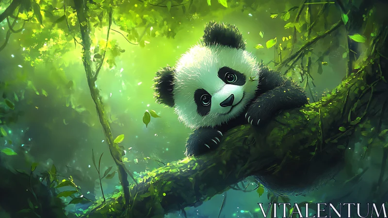 Dreamy baby panda lounging in emerald forest light.