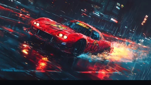 Red race car on wet neon city street during rainfall.