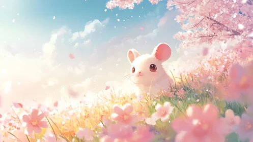 Anime pastoral scene with white mouse amid cherry blossoms.