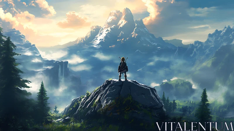 Lone adventurer overlooking vast misty mountain valley.