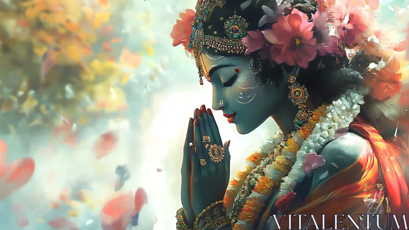 Praying goddess gathers blossoms and light into quiet grace