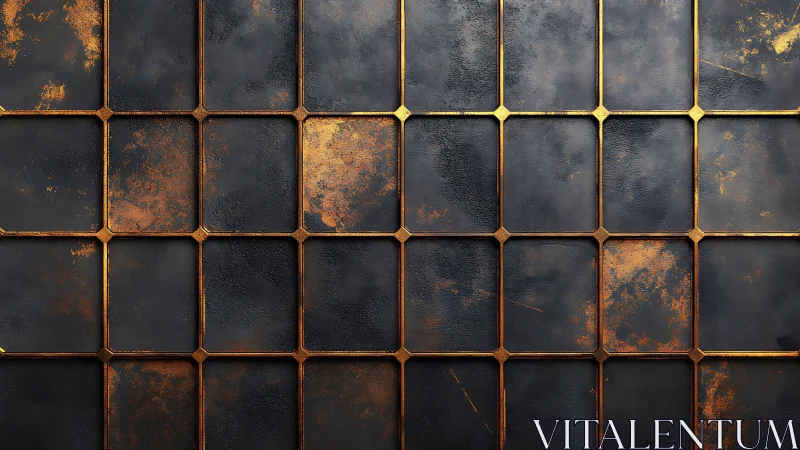 Weathered black metal tiles form gridded industrial surface