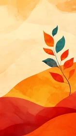 Minimal plant silhouette on layered warm color hills.