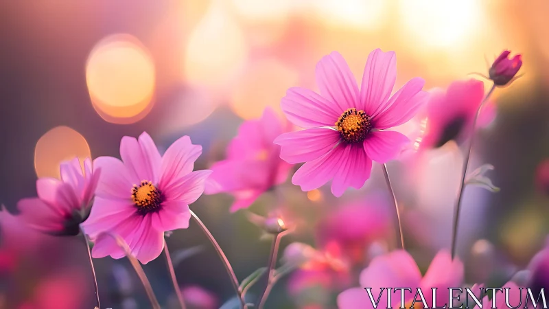 Cosmos Flowers with Golden Hour Bokeh: Shallow Depth Field Floral Composition