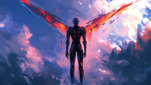 Cybernetic angel ascends through blazing neon sky.