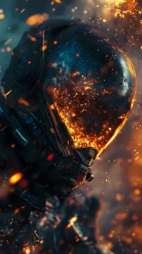 Armored sci fi soldier helmet filled with molten embers.