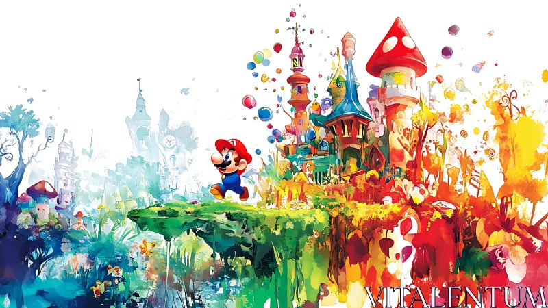 Paint-splashed platform world with leaping cartoon hero.