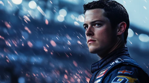 Focused race car driver stares ahead in dramatic blue light.