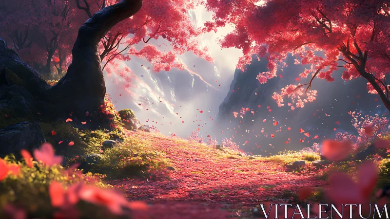 Petal bright forest path opens toward a dreamy valley glow