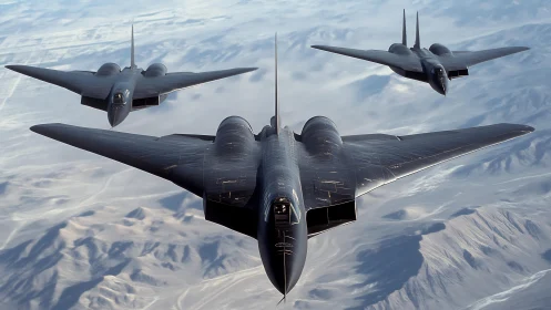 Stealth bombers sweeping above icy desert mountain ranges.