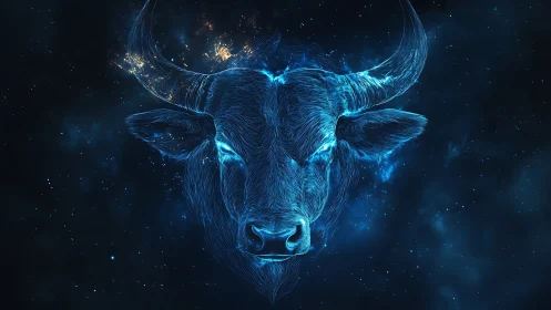 Nebula-charged cosmic bull glowing in deep starry night.