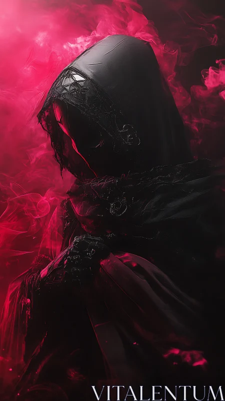 Shrouded reaper studies crimson smoke like a living omen