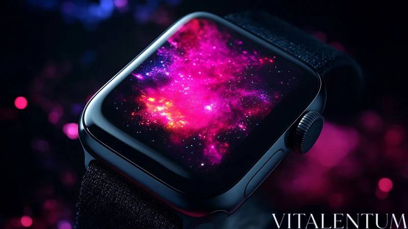 Smartwatch screen displays vivid pink cosmic nebula scene.