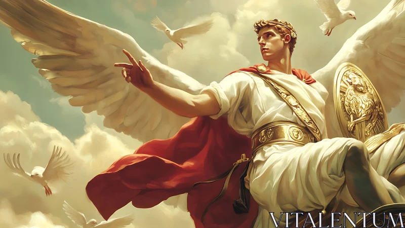 Winged classical hero commands doves in radiant cloudscape