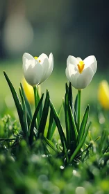 Two White Tulips with Yellow Centers in Spring Grass