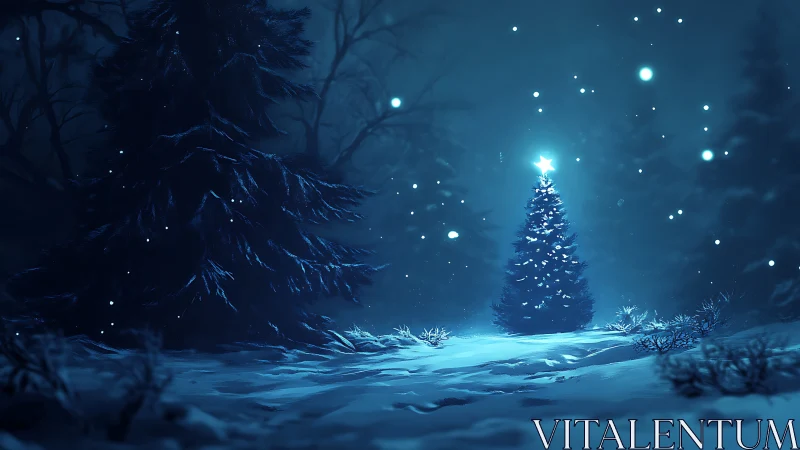 Luminous Christmas tree illuminates a snowy nocturnal forest scene