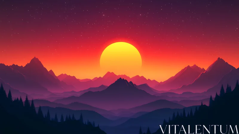 Neon sunset over layered mountains and dark forest silhouettes.