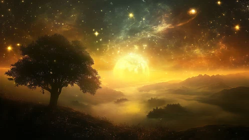 Golden dreamscape under twinkling cosmic skies.