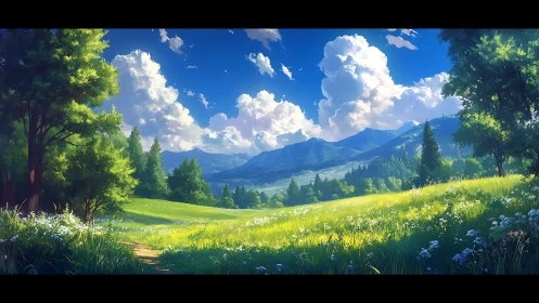 Sunlit mountain meadow inviting a slow, peaceful wander.