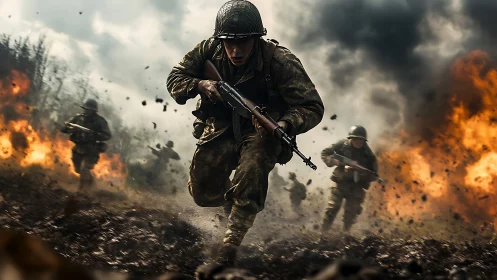 Soldier sprints through battlefield under erupting firestorm