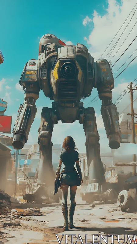 Woman confronts large bipedal mech in ruined urban street