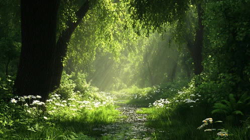 Forest Stream Illuminated by Sunlight Through Canopy.