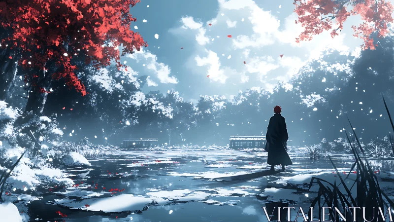 Solitary figure beside winter pond under red autumn trees.